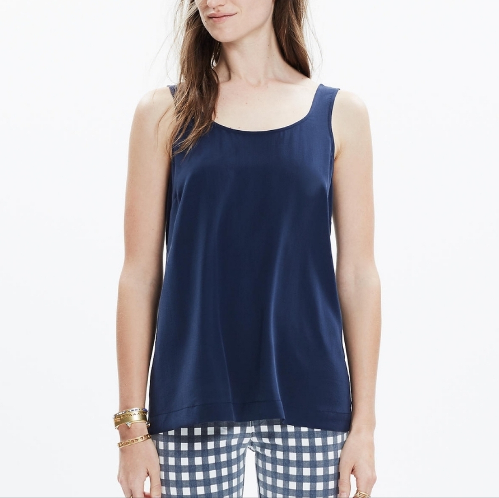 Madewell Silk Lookout Bow-Back Cutout Top Navy Blue Sleeveless Round Neck- L